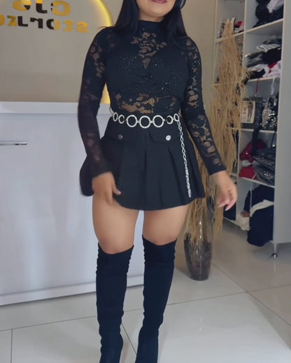 Women's High Waisted Pleated A Line Mini Skorts with Rhinestone Chain Belt
