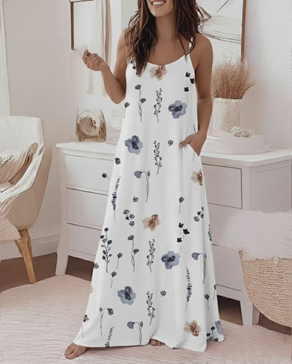 Allover Watercolor Floral Print U-Neck Adjustable Spaghetti Straps Maxi Dress Casual Backless Loose Fit Loungewear Dress