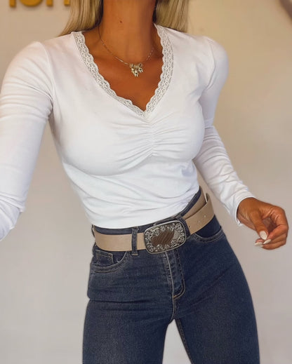 Women's Lace V Neck Ruched T Shirt Slim Fit Long Sleeve Tee Casual Elegant Top