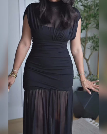 Mock Neck Sleeveless Sheer Mesh Spliced Maxi Dress Elegant Cinched Waist Zipper Side Ruched Evening Dress