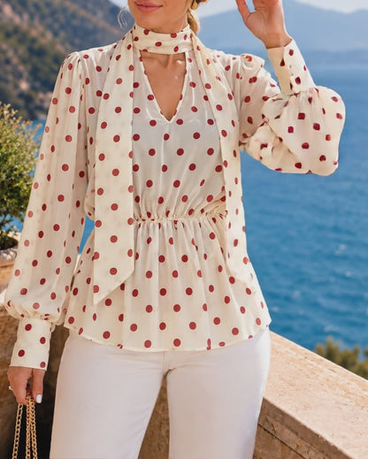 Women's Polka Dot Mock Neck Backless Chiffon Top Lantern Sleeve Blouse with Draped Tie Details