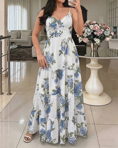 Women's Floral Print Maxi Dress Ruffle Hem Cami Dress V Neck Shirred Summer Vacation Boho Long Dress with Built-In Bra