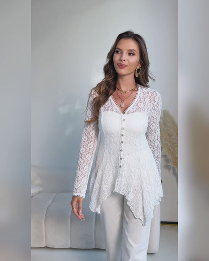Lace Trim V Neck Button Front Blouse Elegant Asymmetrical Ruffle Hem Top