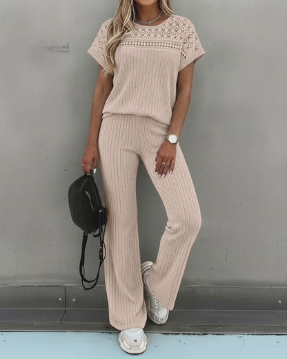 Women's 2 Piece Knit Set Lace Patchwork Short Sleeve Top and Wide Leg Pants Casual Ribbed Brushed Lounge Set