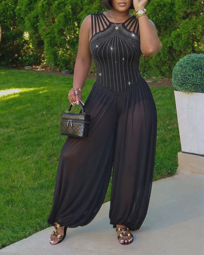 Women's Rhinestone Cutout Jumpsuit Sleeveless Sheer Chiffon Lantern Leg Overalls