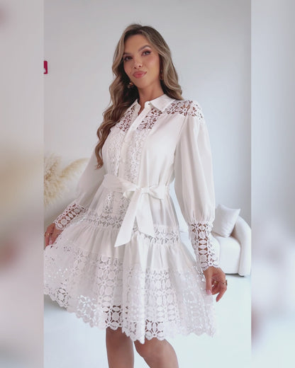 Guipure Lace Spliced Turn-down Collar Long Sleeve Button Front Shirt Dress Casual Tie Waist Ruffle Hem Dress