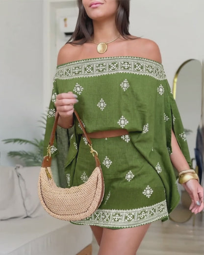 3 Pieces Outfit Boho Off Shoulder Split Sleeve Convertible Shoulder Top and Elastic Back Waist Skorts Set Casual Vintage Tribal Print Vacation Set with Bandeau