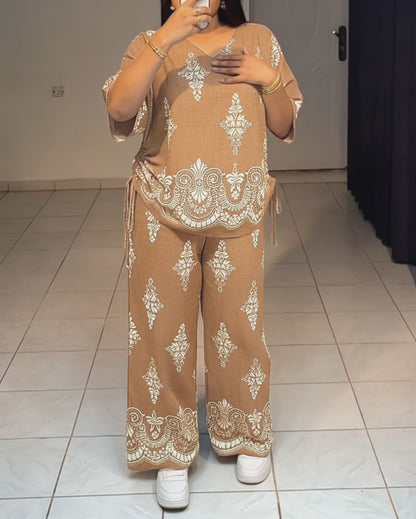 Women's Vintage Print 2 Piece Outfits V Neck Drawstring Ruched Top and Wide Leg Pants Set Casual Loose Loungewear