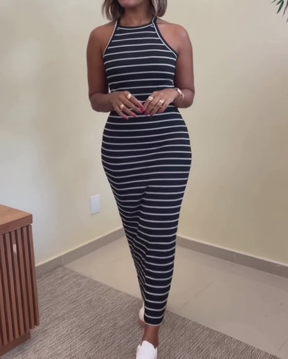 Women's Striped Halter Maxi Dress Sleeveless Ribbed Knit Dress Elegant Back Slit Slim Fit Casual Sundress