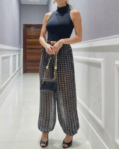 Women's Vintage Chain Print Sheer Chiffon Pants High-Waisted Loose Lantern Joggers Lightweight Breathable Lounge Pants with Pockets