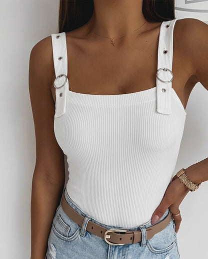 Women's Ribbed Knit Tank Top Square Neck Slim Fit Cami Top Adjustable Eyelet Strap Backless Top