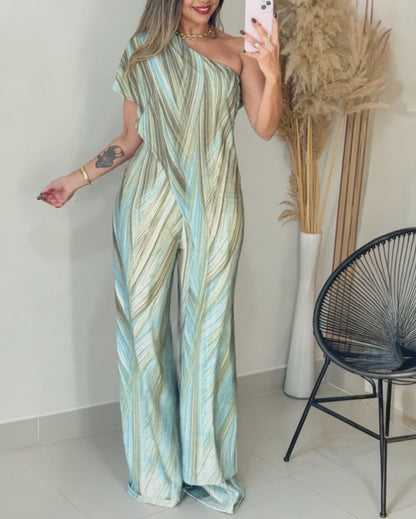 Colorblock Abstract Print One Shoulder Short Sleeve Zipper Side Overalls Casual Asymmetrical Wrap Design Wide Leg Jumpsuit