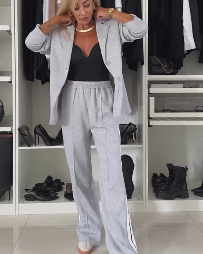 2 Pieces Outfit Notched Collar Single Breasted Pockets Design Coat And Elastic Waist Seam Front Wide Leg Pants Set Casual Contrast Side Striped Blazer Set