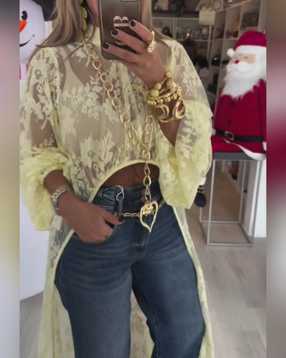 Mock Neck Lantern Sleeve High-Low Hem Floral Lace Sheer Top