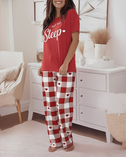 Valentine's Day 2 Pieces Outfit Sleep Letter Print Round Neck Short Sleeve Top and Heart & Colorblock Plaid Print Elastic Waist Pants Set Casual Loose Fit Pajamas Set