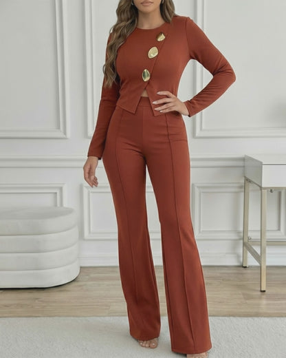 Golden Button Decor Long Sleeve Seam Front Overalls Casual Zipper Back Faux Two-Piece Commuting Jumpsuit