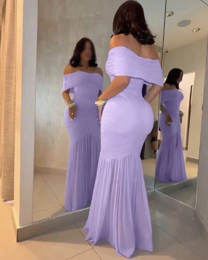 Foldover Off Shoulder Ruched Cinched Waist Minimalist Evening Dress Slim Fit Mermaid Hem Party Dress
