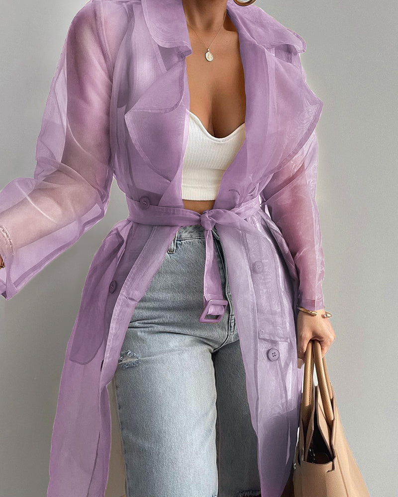 Notched Collar Long Sleeve Double Breasted Sheer Mesh Jacket Casual Longline Trench Coat with Belt