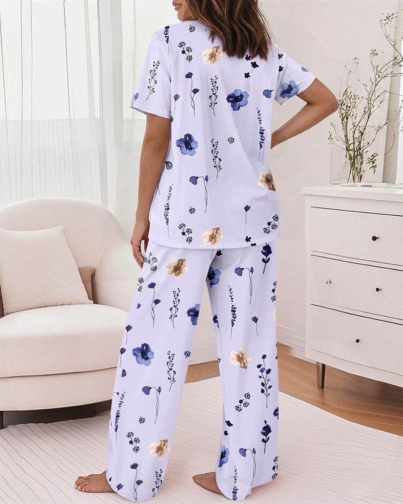 2 Pieces Outfit Round Neck Short Sleeve Top and Elastic Waist Pants Set Casual Watercolor Floral Print Pajamas Set