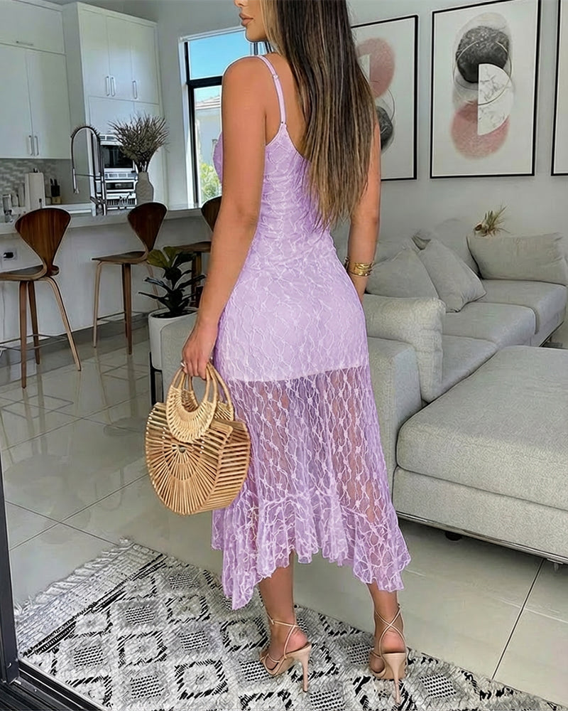 V-Neck Adjustable Spaghetti Straps Tie Front Asymmetrical Hem Dress Casual Hollow-out Front Backless Textured Lace Overlay Party Dress