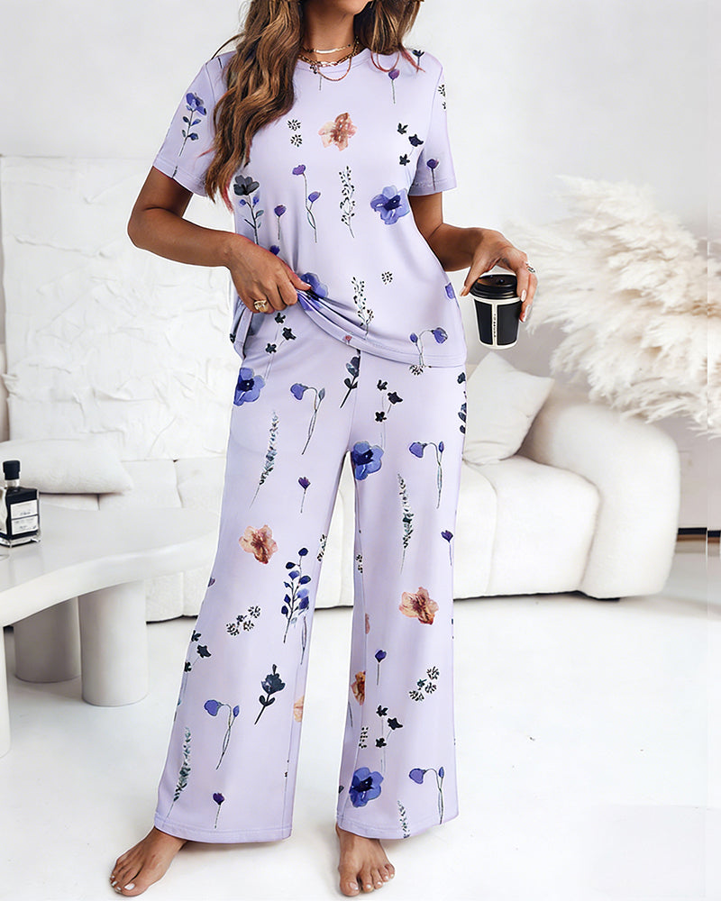 2 Pieces Outfit Round Neck Short Sleeve Top and Elastic Waist Pants Set Casual Watercolor Floral Print Pajamas Set