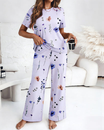 2 Pieces Outfit Round Neck Short Sleeve Top and Elastic Waist Pants Set Casual Watercolor Floral Print Pajamas Set