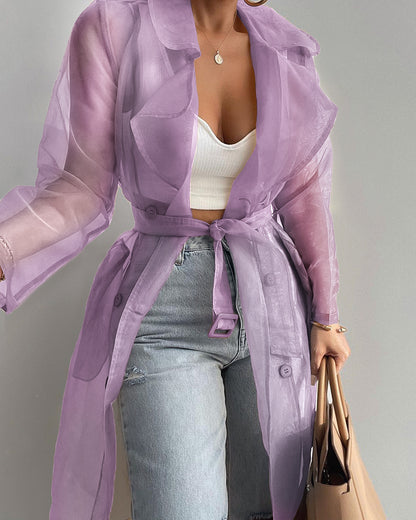 Notched Collar Long Sleeve Double Breasted Sheer Mesh Jacket Casual Longline Trench Coat with Belt