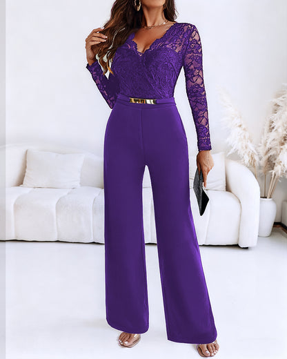 Metal Decor Scallop Trim V-Neck Lace Overlay Jumpsuit Casual Lace Long Sleeve Zipper Back Jumpsuit
