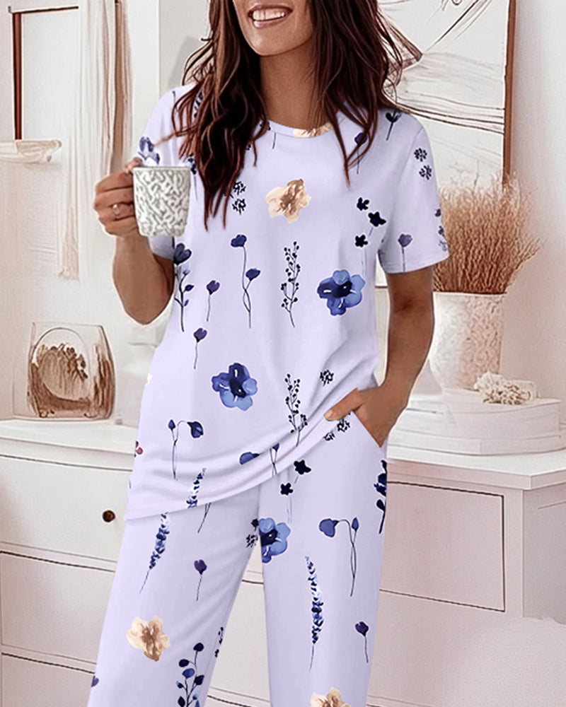 2 Pieces Outfit Round Neck Short Sleeve Top and Elastic Waist Pants Set Casual Watercolor Floral Print Pajamas Set