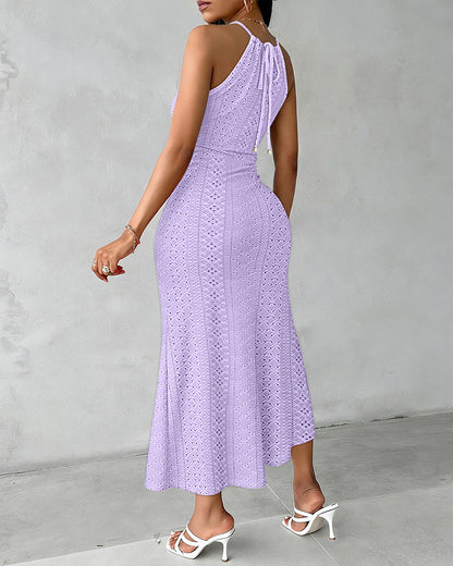 Halter Tie Criss Cross Front Ruched Knit Jacquard Textured Slit Dress Casual Hollow-out Draped Vacation Dress