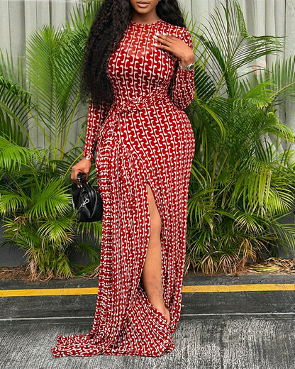 Geometric Print Long Sleeve Waist Tied Detail Maxi Dress Casual Slim Fit Slit Vacation Dress