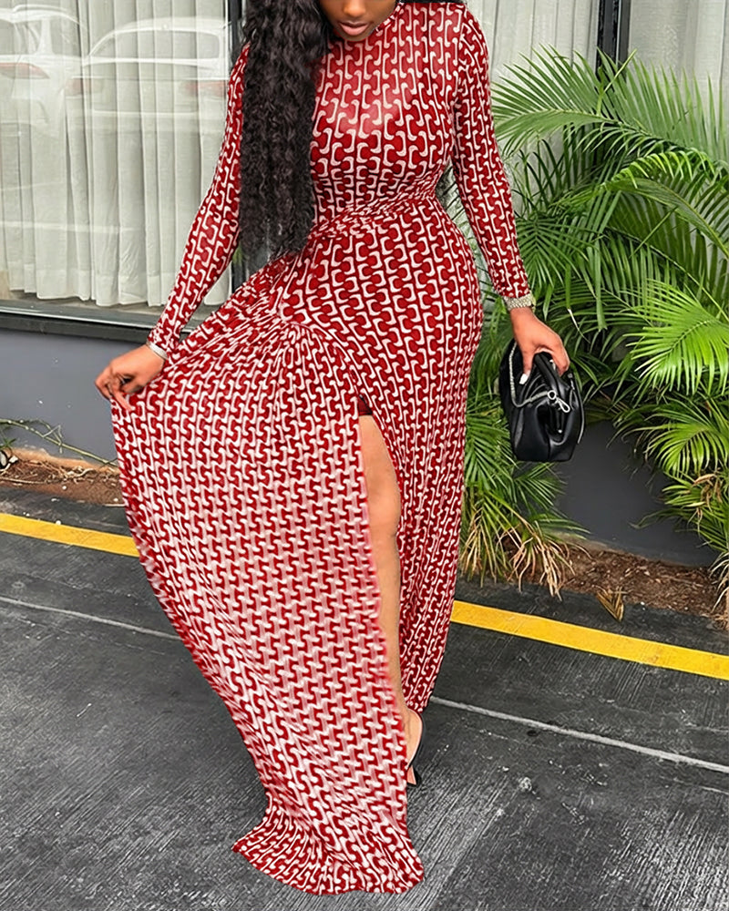 Geometric Print Long Sleeve Waist Tied Detail Maxi Dress Casual Slim Fit Slit Vacation Dress