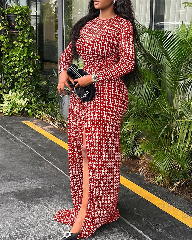 Geometric Print Long Sleeve Waist Tied Detail Maxi Dress Casual Slim Fit Slit Vacation Dress