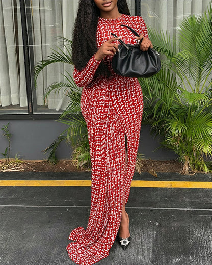 Geometric Print Long Sleeve Waist Tied Detail Maxi Dress Casual Slim Fit Slit Vacation Dress
