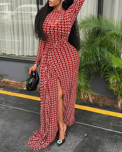 Geometric Print Long Sleeve Waist Tied Detail Maxi Dress Casual Slim Fit Slit Vacation Dress