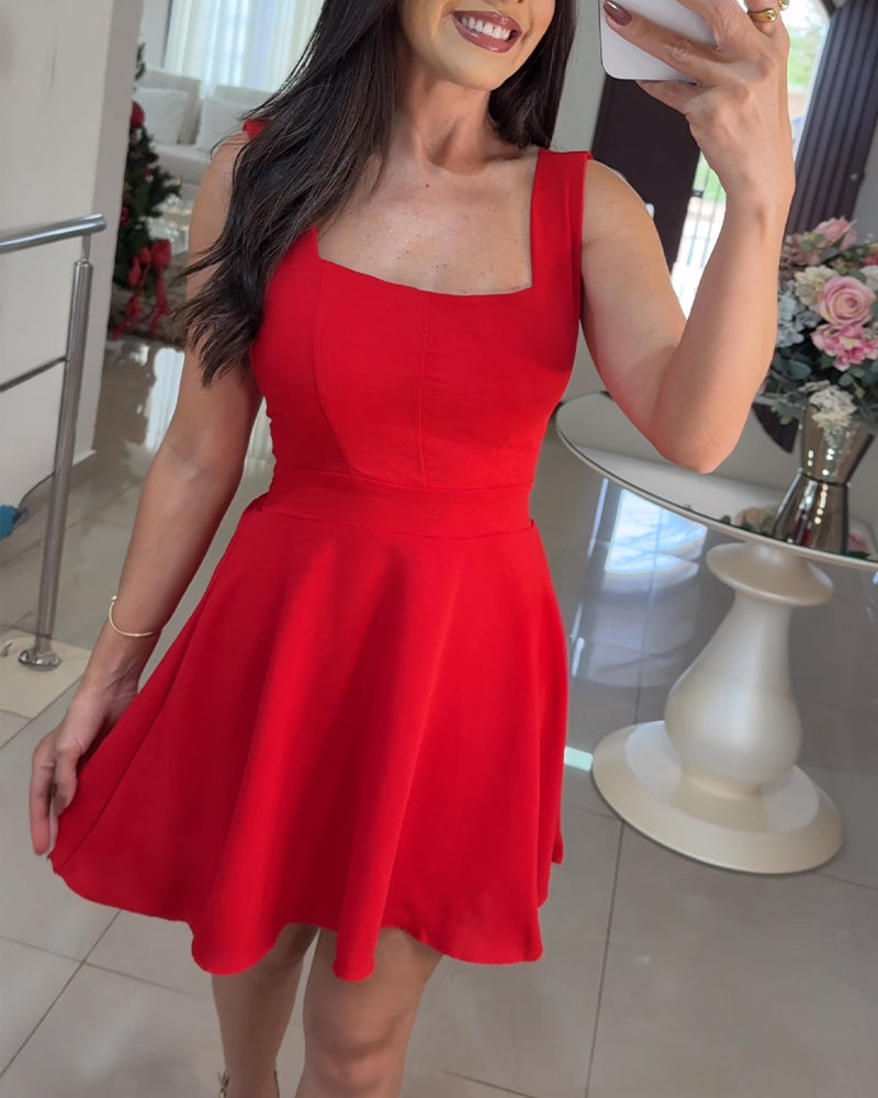 Square Neck Thick Strap Open Back Tie Back Textured Romper Casual Elastic Back Waist Backless Cinched Waist A Line Skorts Romper