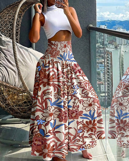 Vintage Floral Print High Waist Shirred Elastic Waist Wide Leg Pants