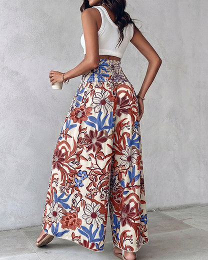 Vintage Floral Print High Waist Shirred Elastic Waist Wide Leg Pants