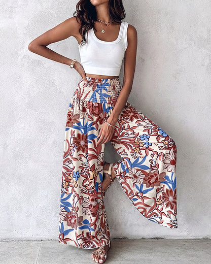 Vintage Floral Print High Waist Shirred Elastic Waist Wide Leg Pants