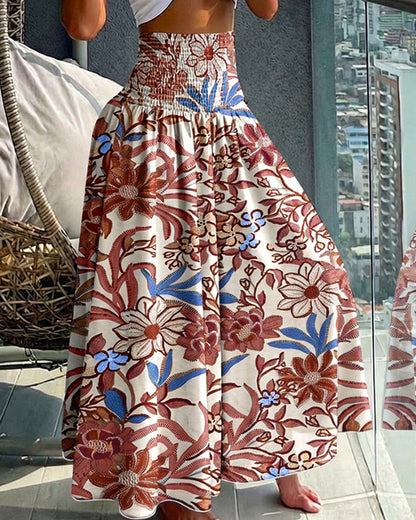 Vintage Floral Print High Waist Shirred Elastic Waist Wide Leg Pants