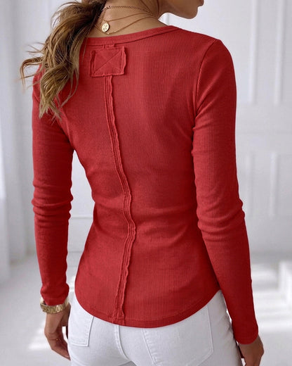 Women's Ribbed Henley Long Sleeve Top Slim Fit Base Layer Tee