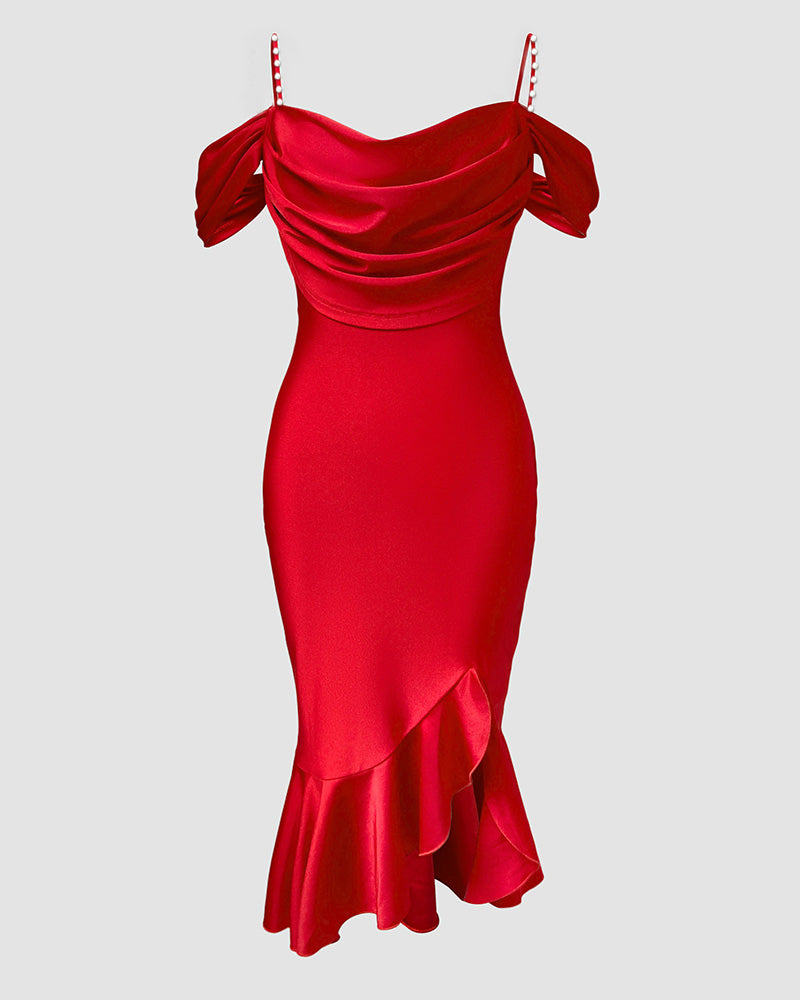 Women's Cold Shoulder Adjustable Pearls Straps Bodycon Dress Cowl Neck Asymmetrical Ruffle Hem Party Dress