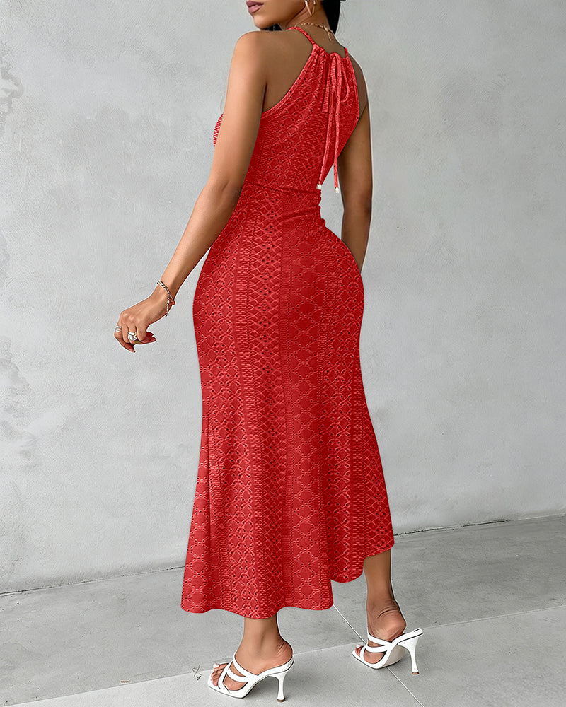 Halter Tie Criss Cross Front Ruched Knit Jacquard Textured Slit Dress Casual Hollow-out Draped Vacation Dress