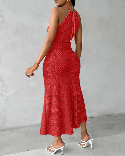 Halter Tie Criss Cross Front Ruched Knit Jacquard Textured Slit Dress Casual Hollow-out Draped Vacation Dress
