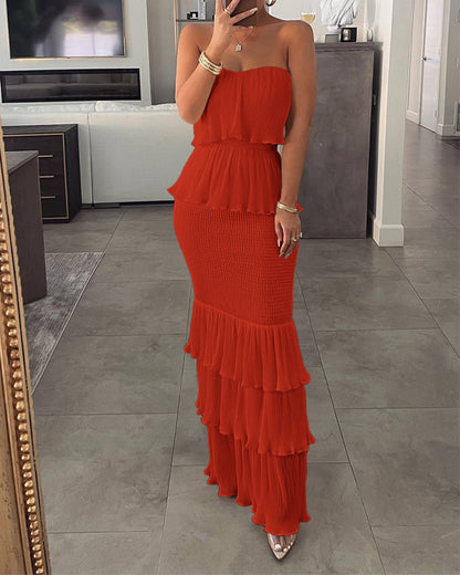 Layered Ruffle Shirred Slim Fit Strapless Dress Textured Maxi Party Dress
