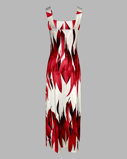Plants Print Square Neck Thick Strap Maxi Dress Casual Slim Fit Side Slit Vacation Dress with Pockets
