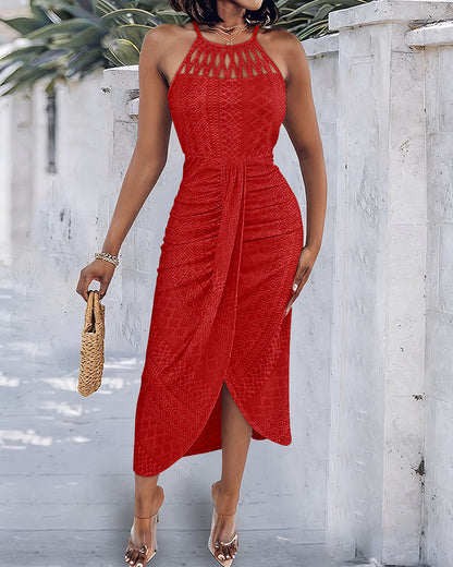 Halter Tie Criss Cross Front Ruched Knit Jacquard Textured Slit Dress Casual Hollow-out Draped Vacation Dress