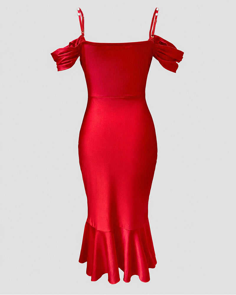 Women's Cold Shoulder Adjustable Pearls Straps Bodycon Dress Cowl Neck Asymmetrical Ruffle Hem Party Dress