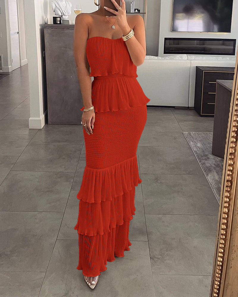 Layered Ruffle Shirred Slim Fit Strapless Dress Textured Maxi Party Dress