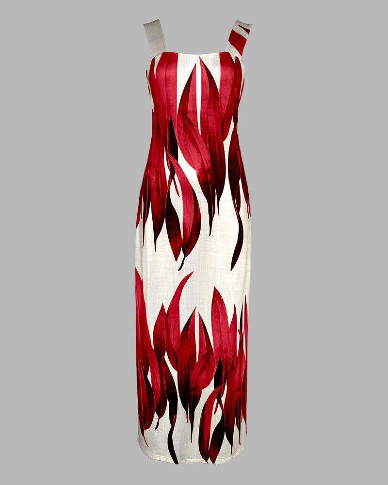 Plants Print Square Neck Thick Strap Maxi Dress Casual Slim Fit Side Slit Vacation Dress with Pockets